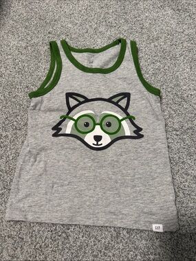 GAP Gray Tank Top with Green Trim and Raccoon Graphic